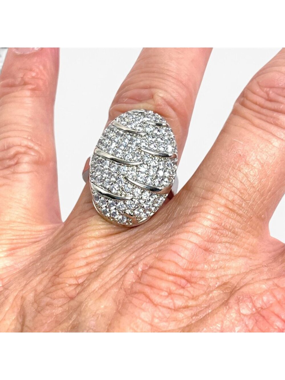 Oval Silver Tone Pave Crystal Cocktail Ring Size 7